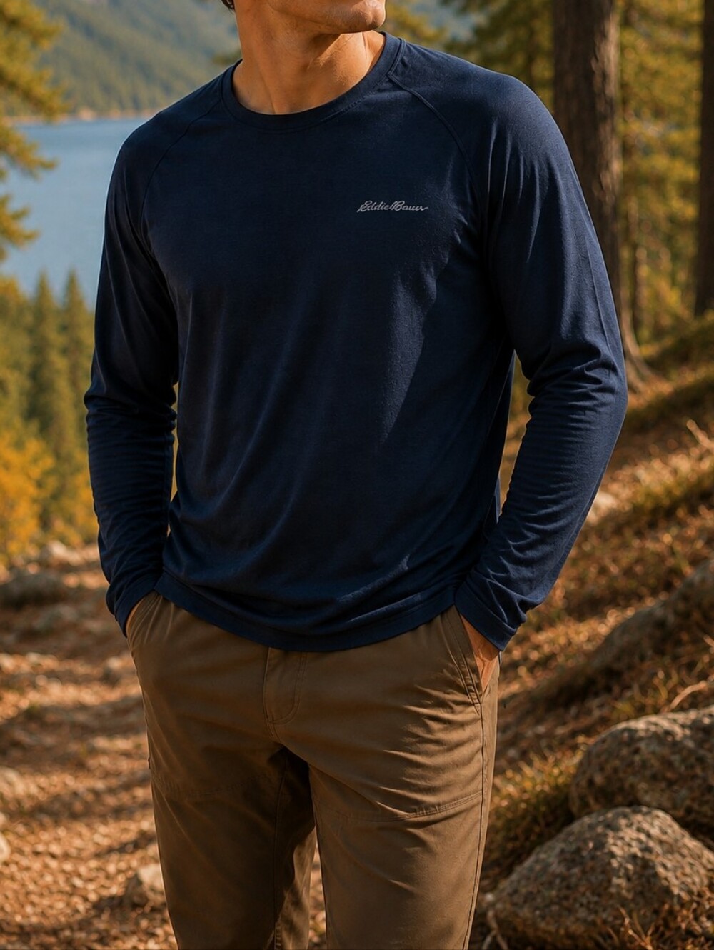 Eddie Bauer Men’s Dark Blue Long Sleeve Crewneck Performance Shirt Casual